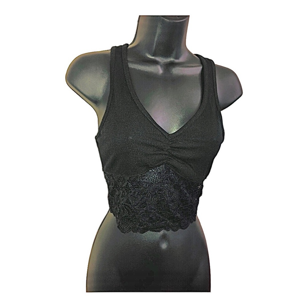 Sexy black racerback lace trim v-neck crop top size small new